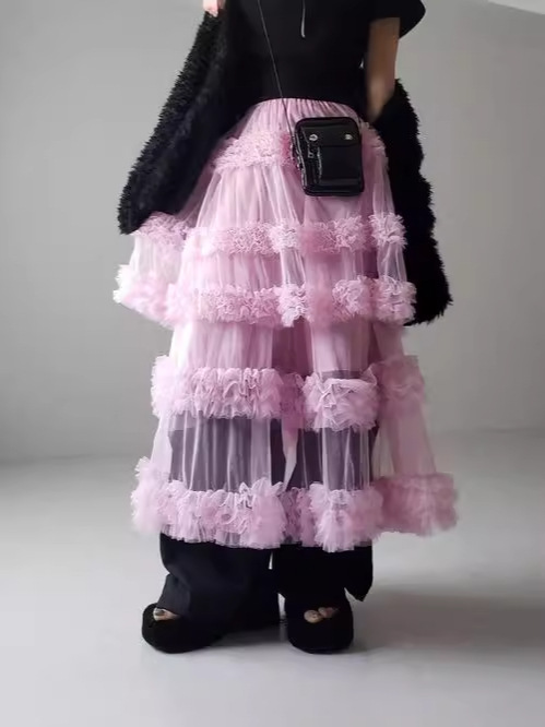 厳選された春夏向けガーゼスカート、新作日本風ロングスカート、女性用、露出防止三層手縫いメッシュAラインスカート