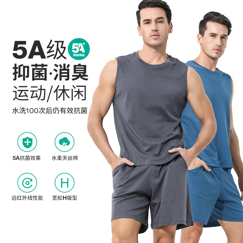 Conjunto de pijama de algodón Tencel suave para hombre, camiseta sin mangas y pantalones cortos, se puede usar en exteriores, ropa de estar para hombre al por mayor, se puede usar en exteriores.