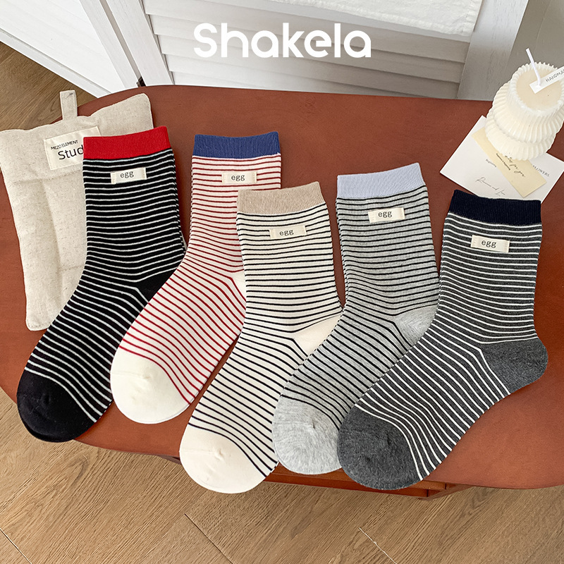Egg Women's Autumn and Winter Korean Style Mid-Calf Socks with Striped Color-Blocking, Ins-Style Korean Versatile Slouch Socks with Fabric Label and Seamless Design