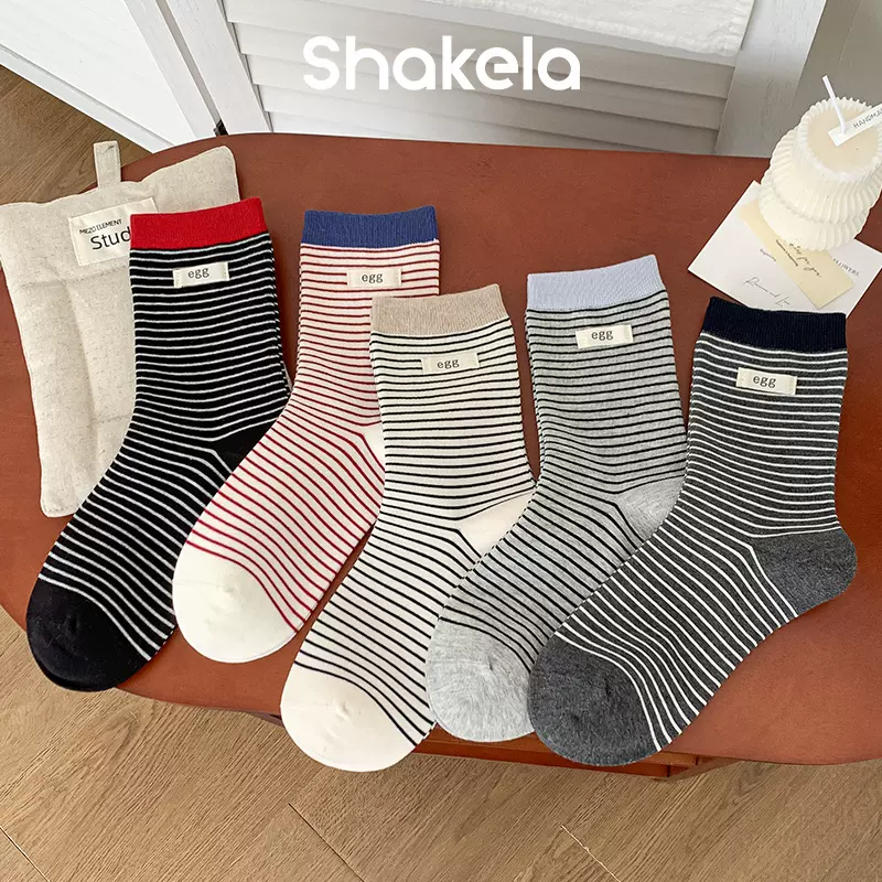 egg女士秋冬韩系中筒袜条纹撞色ins风韩版百搭堆堆袜布标无骨袜子