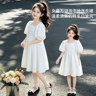 女大童连衣裙夏季薄款2026新款初中生高级感韩系白色夏装公主裙子