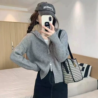 欧货时尚拉链100%纯羊毛开衫女加厚连帽针织毛衣外套短款灰上衣