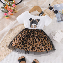 2024 Bestselling Summer Girls' Baby Dress New Baby Trendy Girl Print Splicing Leopard Print Net Dress
