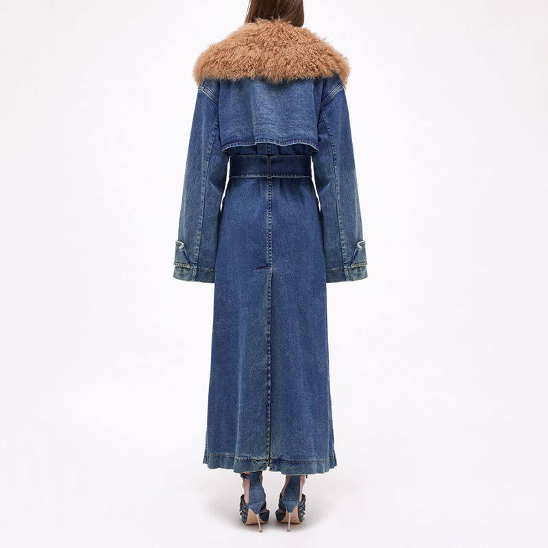 Abbigliamento da donna, giacca a vento invernale in denim lungo e resistente, design di alta qualità, collo in pelliccia staccabile sopra il ginocchio_voghion.com