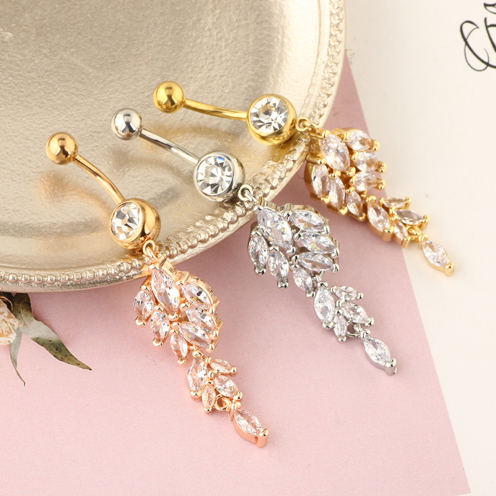 Rose Gold Diamond Leaf Navel Ring Belly Button Piercing Jewelry Stainless Steel detail image 7