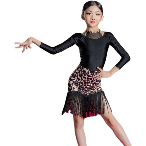 Girls latin dance dresses black leopard fringe latin ballroom dance costumes children game suits skirts Latin dance acrobatics clothing girls performance