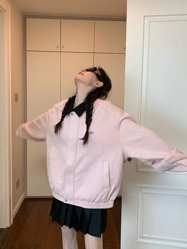 甜美风粉色翻领休闲夹克上衣女早秋小众设计感宽松美式棒球服外套|undefined