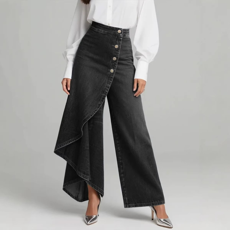 Amazon Independent Site Loose Long Hem Solid Color Casual Genuine Denim Button-Decorated Washed Denim Skirt Pants for Women