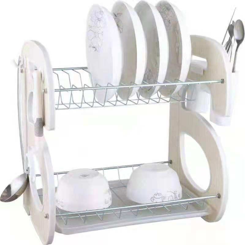 double-layer wooden draining bowl rack iron wire electroplating household kitchen storage rack dish rack