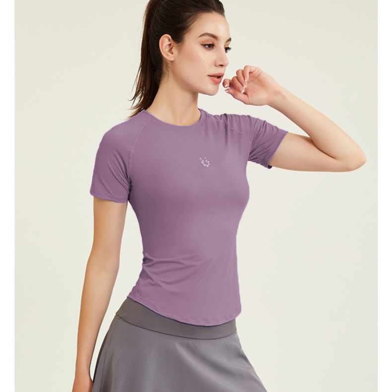 Ropa de ejercicios desnuda para mujeres delgada helada de cuello redondo con mangas de hombro para correr camiseta deportiva delgada ropa de yoga roja en línea