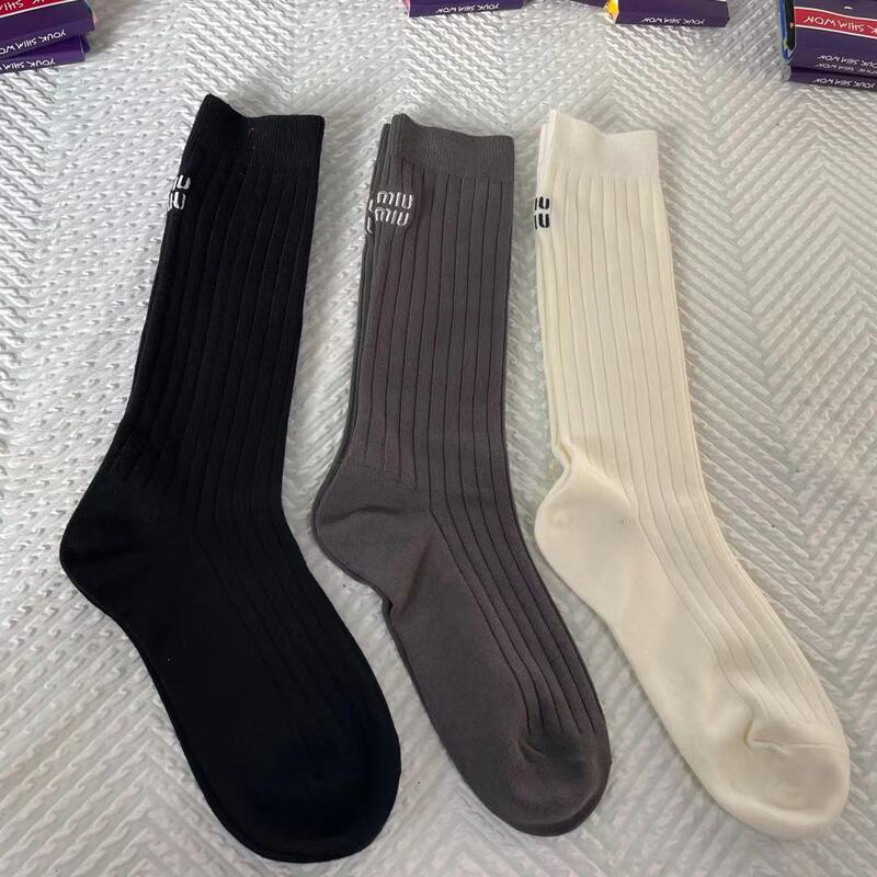 Italian High Sense M Home Light Luxury Solid Color Soft Cotton Socks Double Needle Pit Strip Loose Trendy Calf Knee High Cotton Socks
