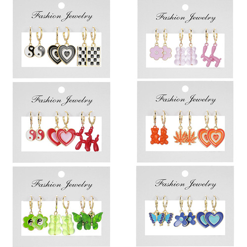 Cross-border Cartoon Bear Balloon Dog Colorful Resin Earrings Dripping Oil Flower Tai Chi Love Alloy Earrings Wholesale