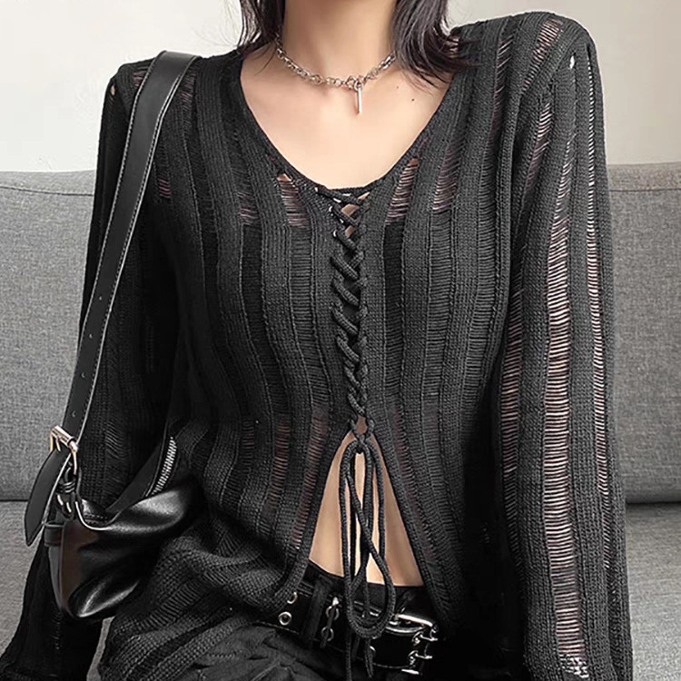 Sexy Spice Girl Style Black Hollow-out Long-sleeved Knitwear T-shirt Female Niche Lace-up Top Amazon Hitch Cross-border Sexy Spice Girl Style Black Hollow-out Long-sleeved Knitwear T-shirt Female Niche Lace-up Top Amazon Hitch Cross-border