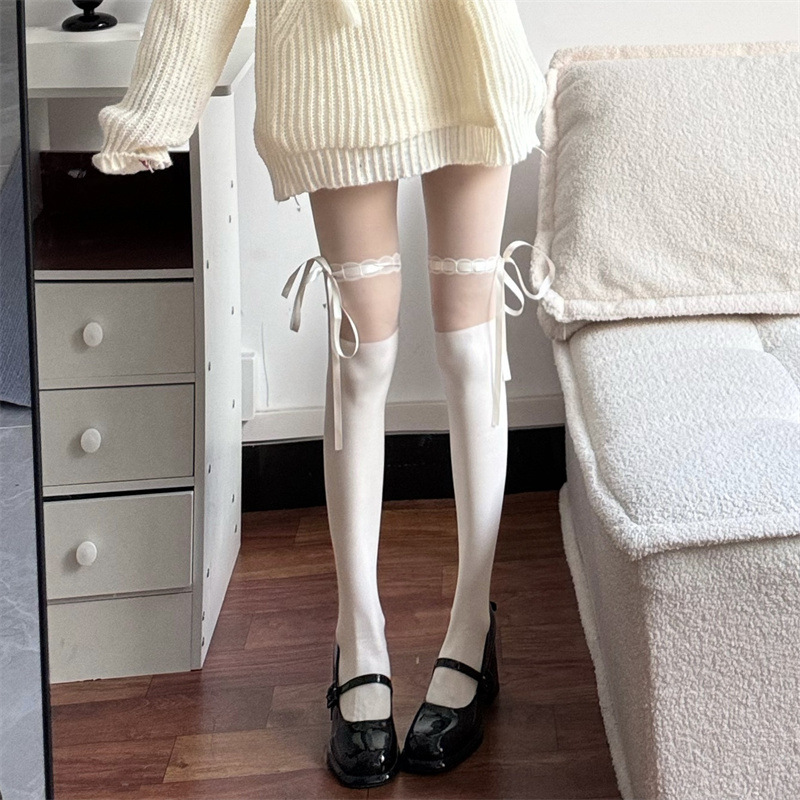 Bow strap lace black and white silk stockings spring and summer thin pure pantyhose Lolita stitching base socks