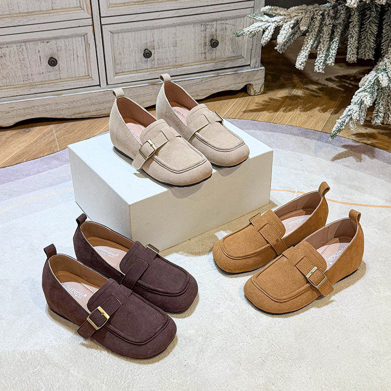 Giày lười nữ da lộn mũi tròn tăng chiều cao 5 cm phong cách Hàn Quốc — Khaki (toàn dải), Màu mơ (toàn dải), nâu sẫm