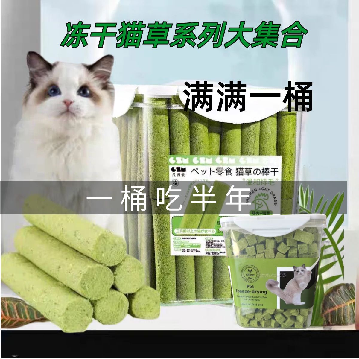 冻干猫草棒冻干全家桶鸡肉粒三拼桶500g猫零食宠物零食多春鱼鹌鹑