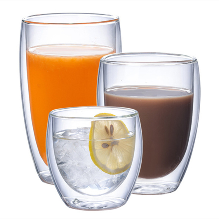 Vidrio transparente de alto aspecto taza de té con leche multi-especificación vidrio borosilicato vidrio en forma de huevo taza aislada de doble capa taza