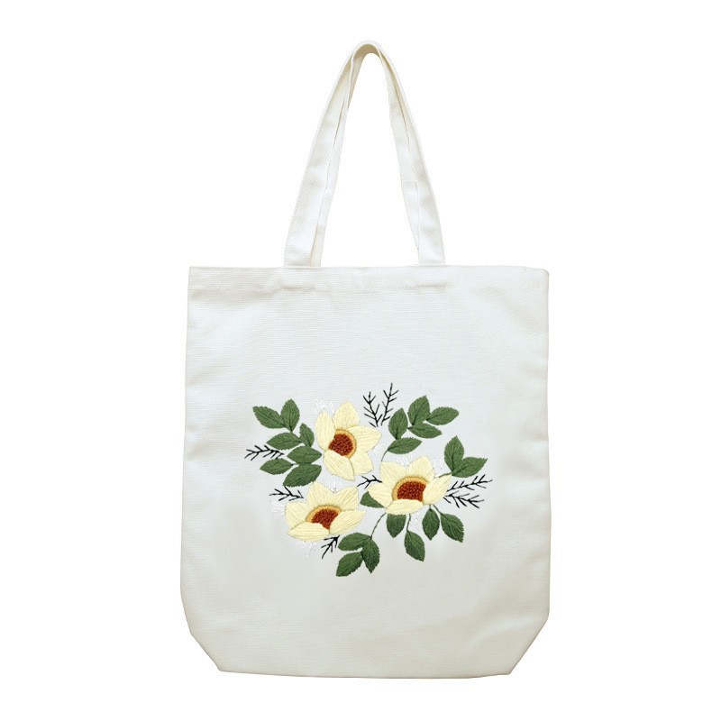 Hecho a mano DIY cinta bordada bolsa de lona Lu bordado solo hombro bolso tridimensional bordado flor lienzo mujer bolsa grande