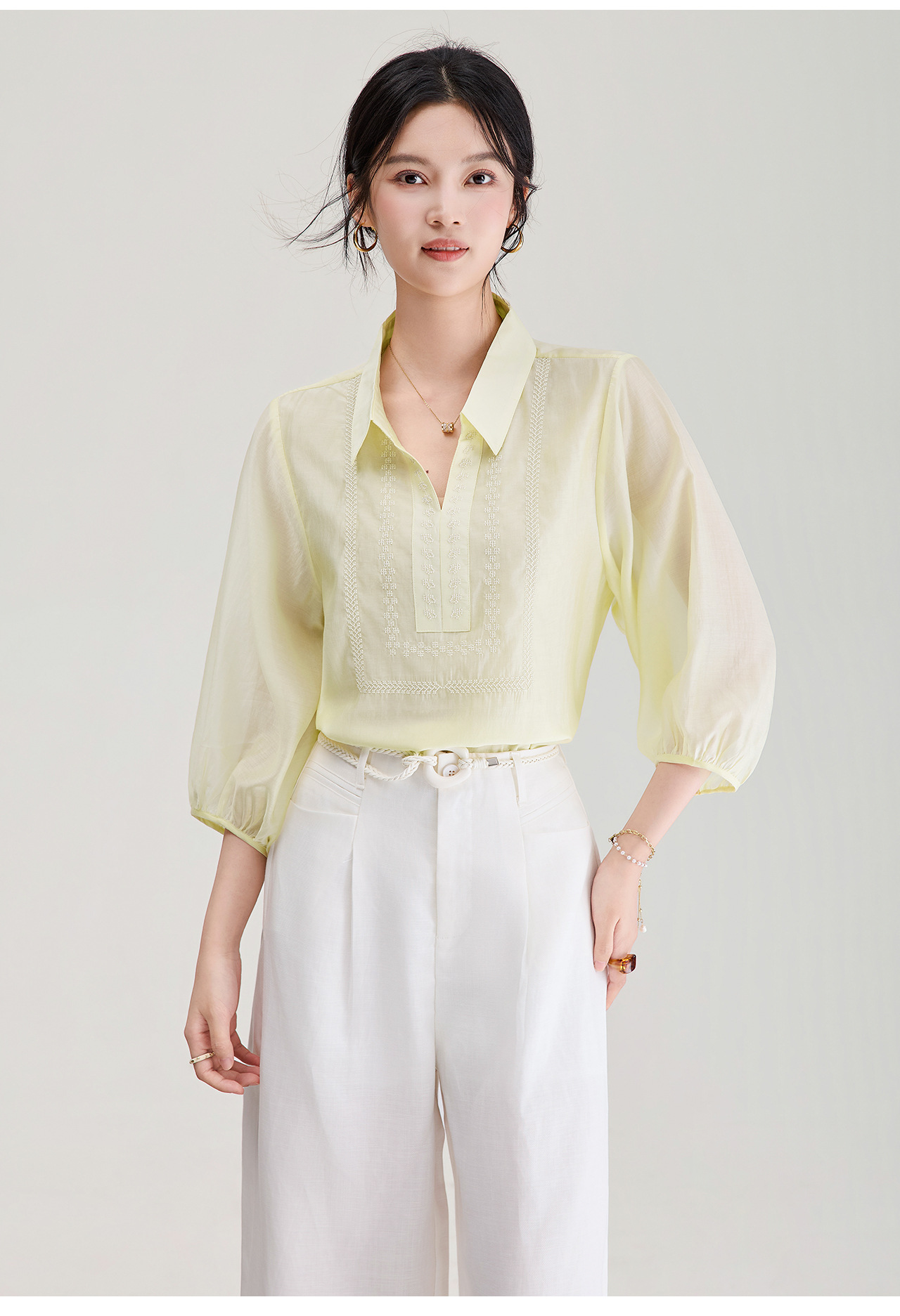Áo sơ mi nữ tay lỡ thêu hoa tay chất liệu tencel cao cấp — màu trắng chi tiết 12
