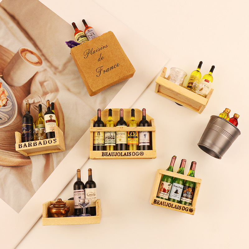 Mini Red Wine Ornaments Refrigerator Sticker Shooting Props Wine Bottle Wooden Rack Stereo Creative European Style Cute Magnetic Sticker