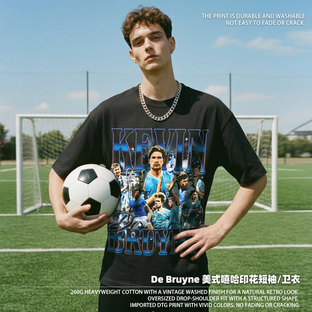 Transfronterizo American De Bruyne De Bruyne Camiseta de manga corta con estampado de manga larga Suéter con capucha y cuello redondo pesado lavado