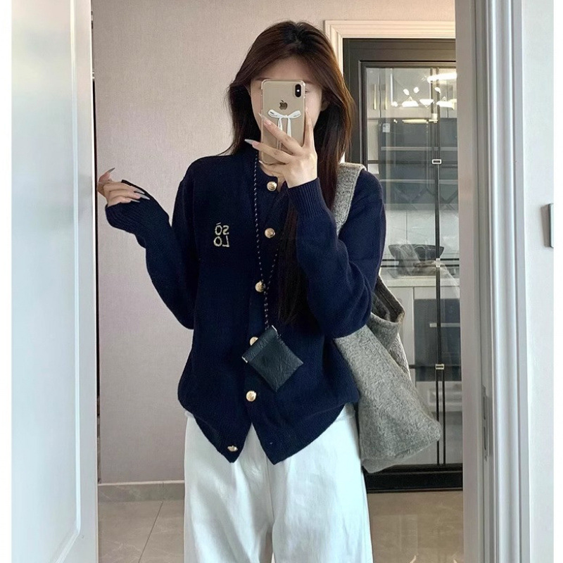 Korean Style navy blue Knitted Cardigan Women's Autumn Design Sense Metal Button Lazy College Style Sweater