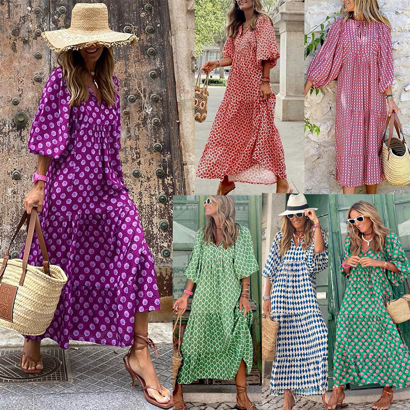 Spring and Autumn European and American New Geometric Collage Bubble Sleeve dress Women's Street Fried Street plus size Women's Dress