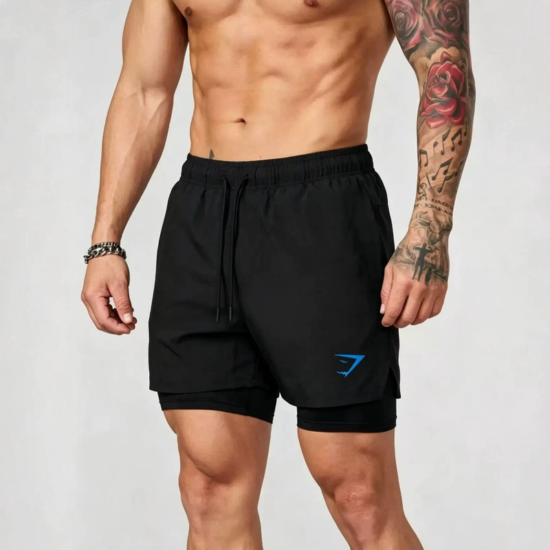 Gym Men's Shorts 2-in-1 Double-Layer Muscle Sports Training Fitness Casual Loose Printed Quick-Drying Shorts