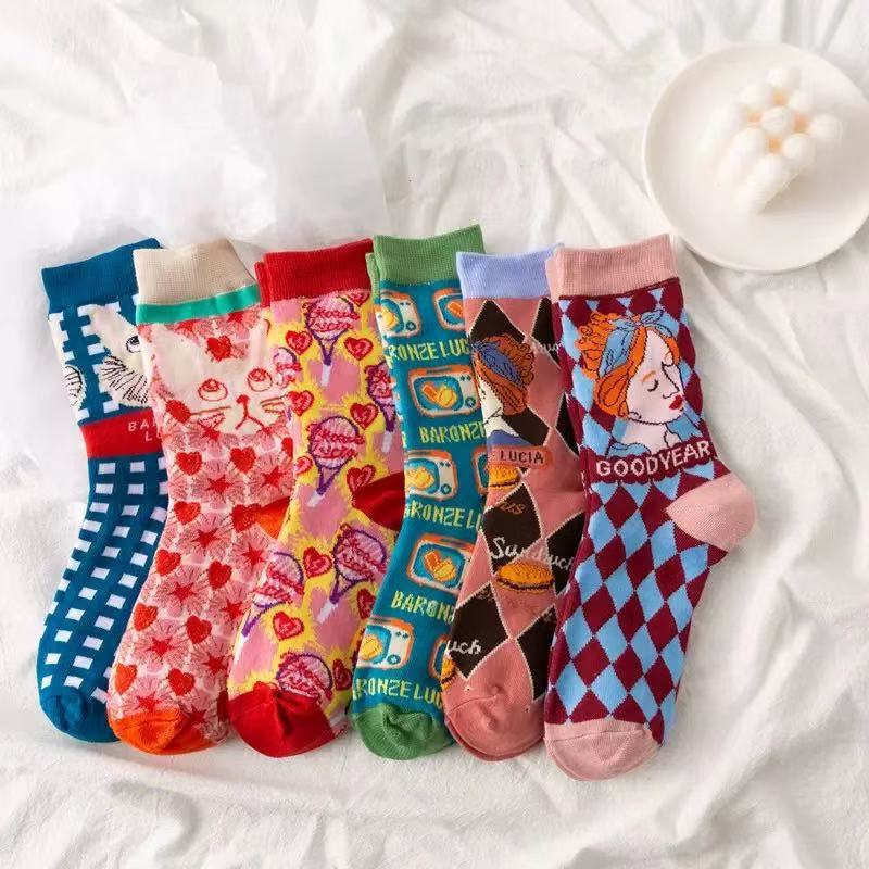 Cross-Border Amazon Women's Mid-Calf Socks Spring and Autumn Style Women's Mid-Calf Trendy Socks Retro College Style Mid-Length Socks