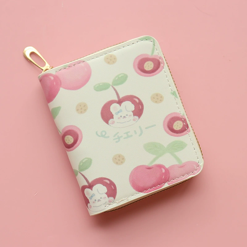 Short Zipper Wallet, cartoon strawberry design, capacious coin/card slots, for elementary students