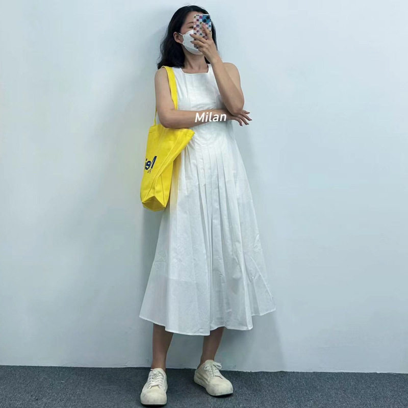 French Style dress Women's Summer New Pleated High-end Fine Cotton White Vest Belly Covering Age-reducing Mid-length Dress