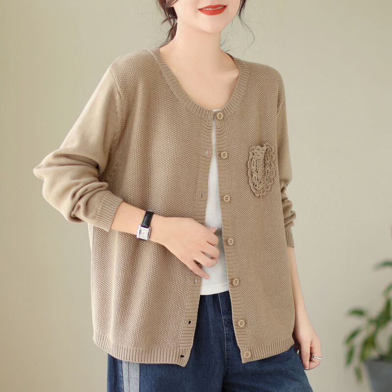 Ancient coffee clothing 2023 autumn new casual long-sleeved coat artistic retro solid color cotton thread sweater top for women