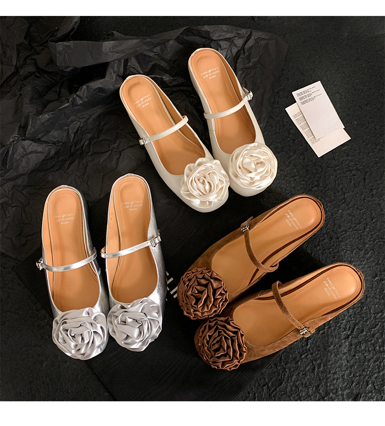 Giày mule nữ mũi nhọn họa tiết hoa bạc, đế bằng tăng chiều cao — Màu nâu nhạt (da cừu) chi tiết 24