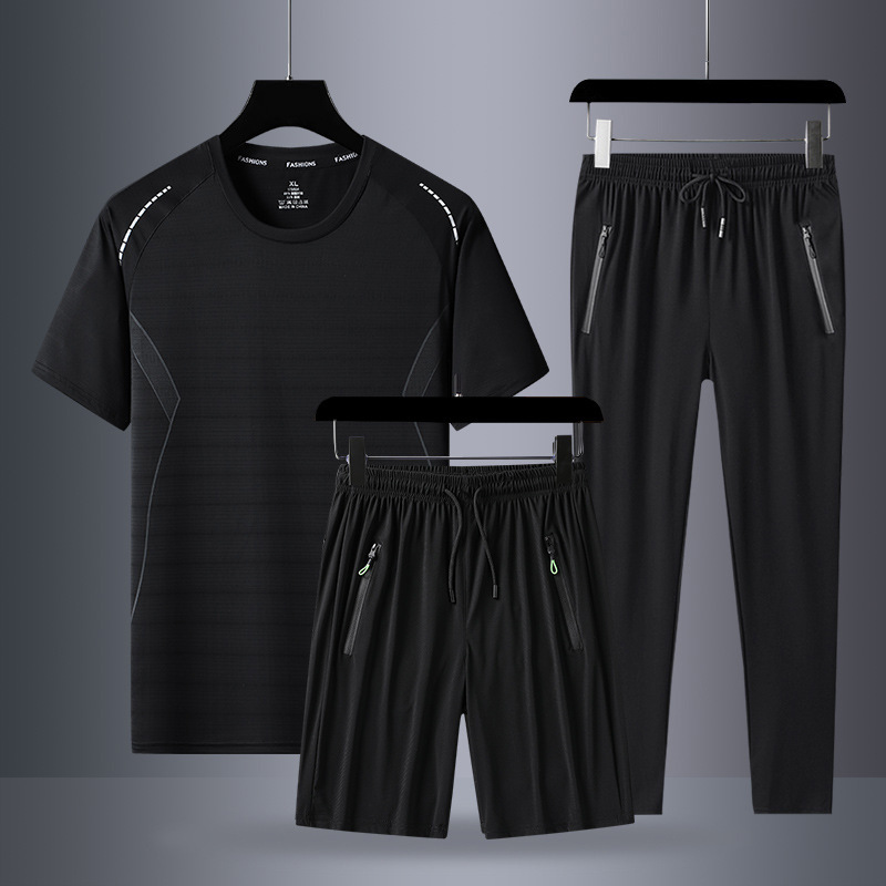 Verano hombre camiseta de mangas cortas tres piezas set gran hielo secado rápido chaqueta pantalones cortos deportivos casuales dos piezas set al por mayor