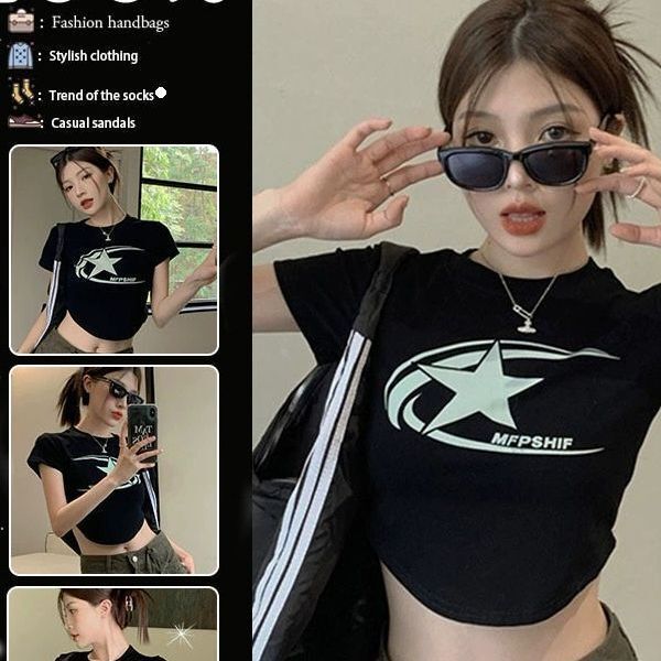 Spice Girls American Retro Shoulder Short-sleeved T-shirt Women's Summer 2023 New Sexy Short Cropped Top I