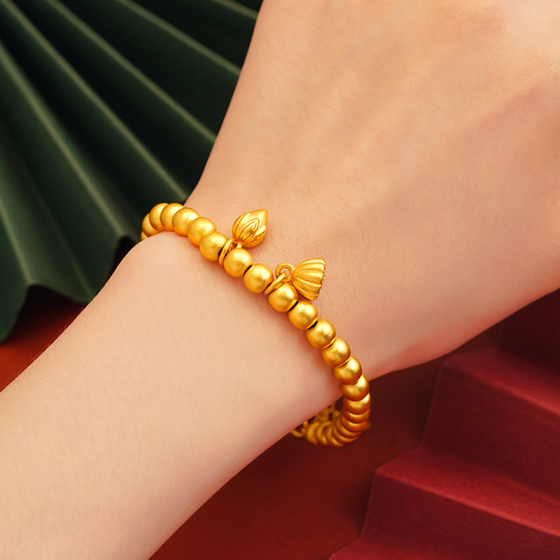 Vietnam oro estilo chino dos-mundo pulsera de loto antiguo Lucky Lotus pequeñas cuentas de oro pulsera de loto