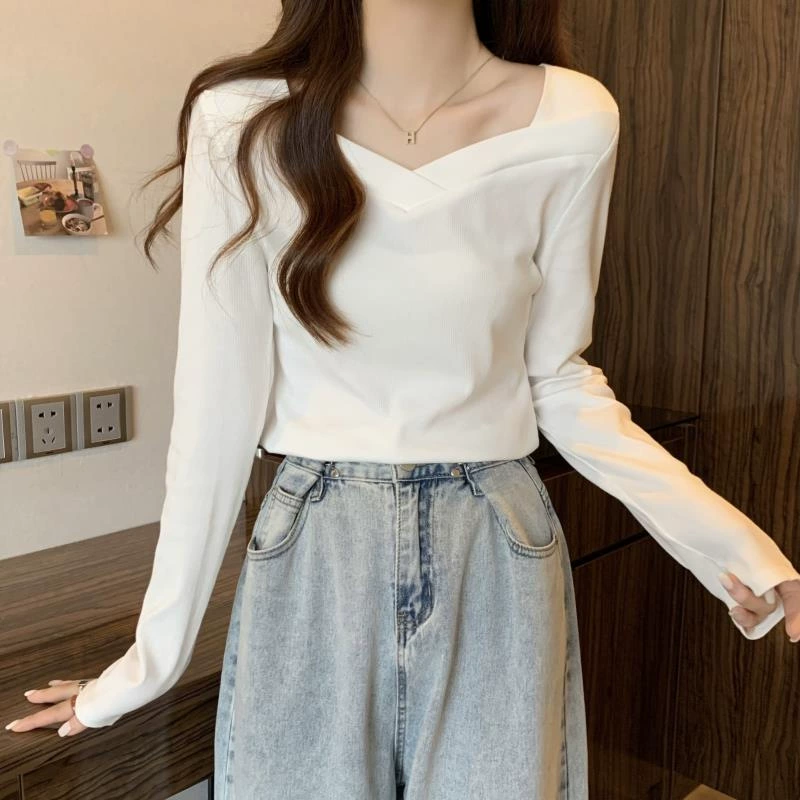 Демисезонная Lace белая водолазка, кардиган, укороченный свитер, slim fit, V-образный вырез