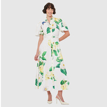2025春夏新款欧美走秀款高端印花翻领日常礼服旅游度假连衣裙长裙