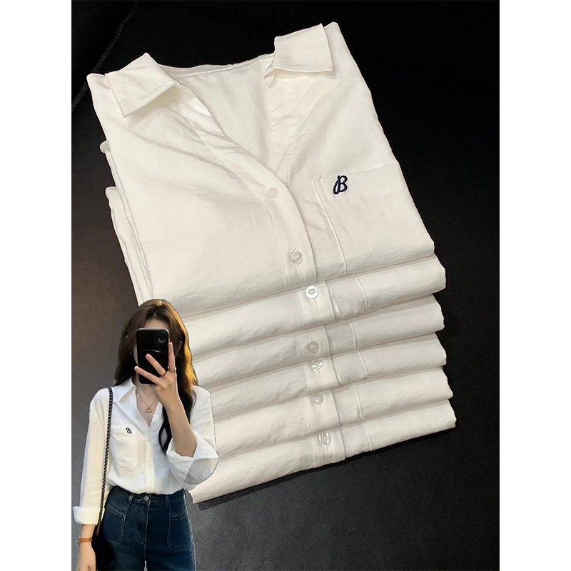 White V-Neck Embroidered Long-Sleeve Shirt for Women, 2026 Spring New Korean Chic Top, Casual Versatile Trendy Shirt