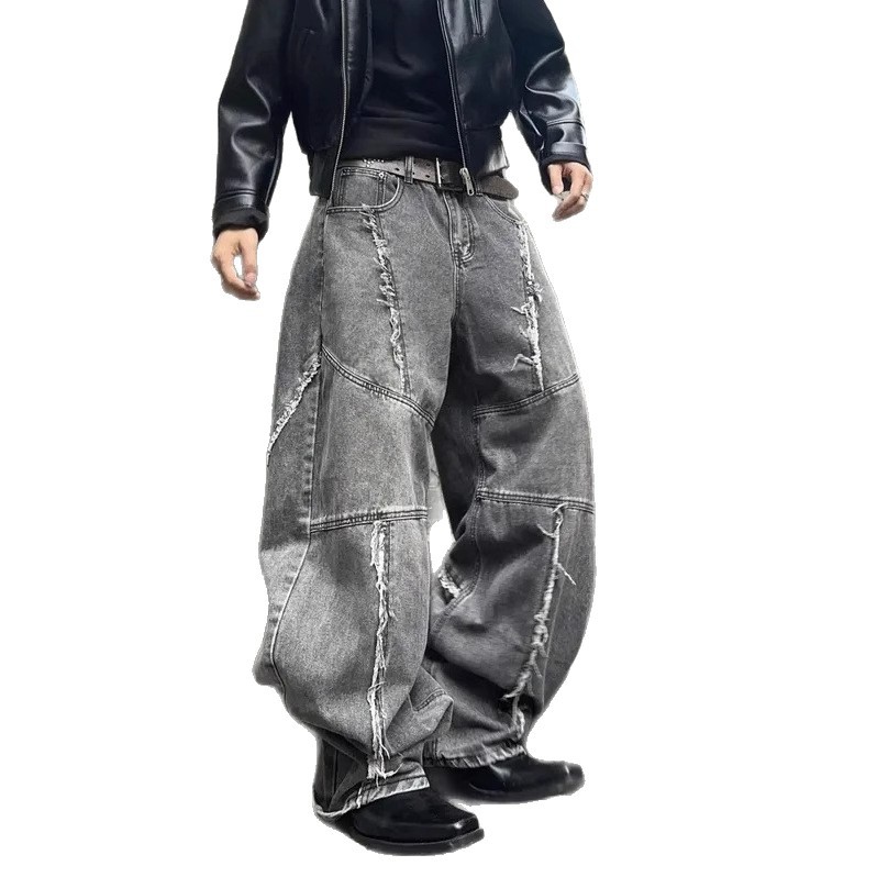 Cross-border tiktok americano retro lavado y jeans desgastados pantalones rectos sueltos de calle con costuras góticas