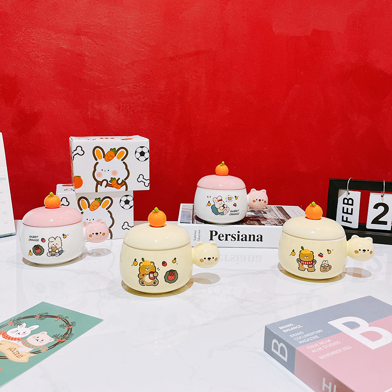 ins創意卡通可愛高顏值馬克杯小熊兔子好朋友水杯陶瓷杯禮物帶勺