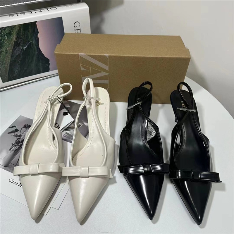 Za2025 Autumn New Pointed Toe Bow Decoration Shallow Back Strap Stiletto High Heel Fairy Sandals Women's High Heels