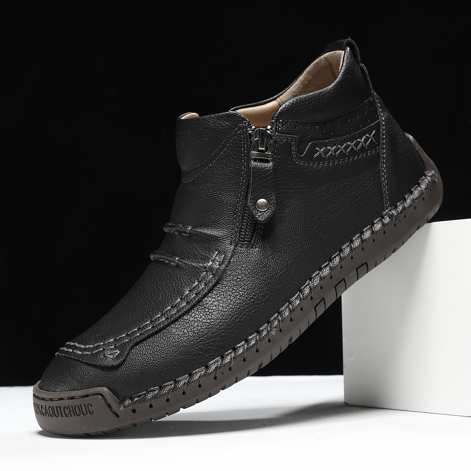 Plus-Size Men's Shoes Outdoor Casual Shoes Flat Handmade Stitched Shoes Zipper Martin Boots Short Boots 830_vogvips.com