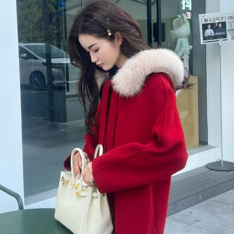 红色双面羊绒大衣毛领2023冬新款宽松韩版小香风羊毛呢外套女