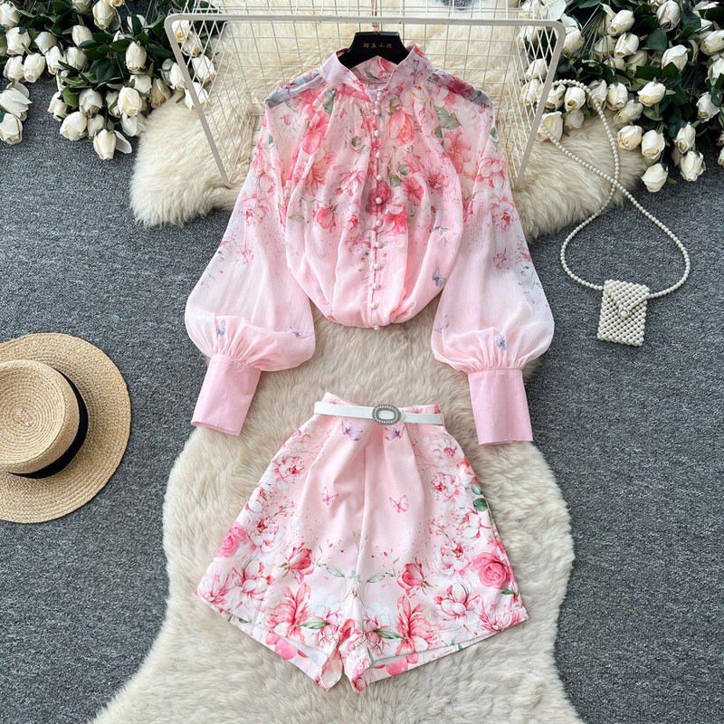 Foreign Trade Palace-Style Printed Fashion Set for Women, Lantern Sleeve Stand Collar Top, High-Waisted Shorts Two-Piece Set for Commuting Wear