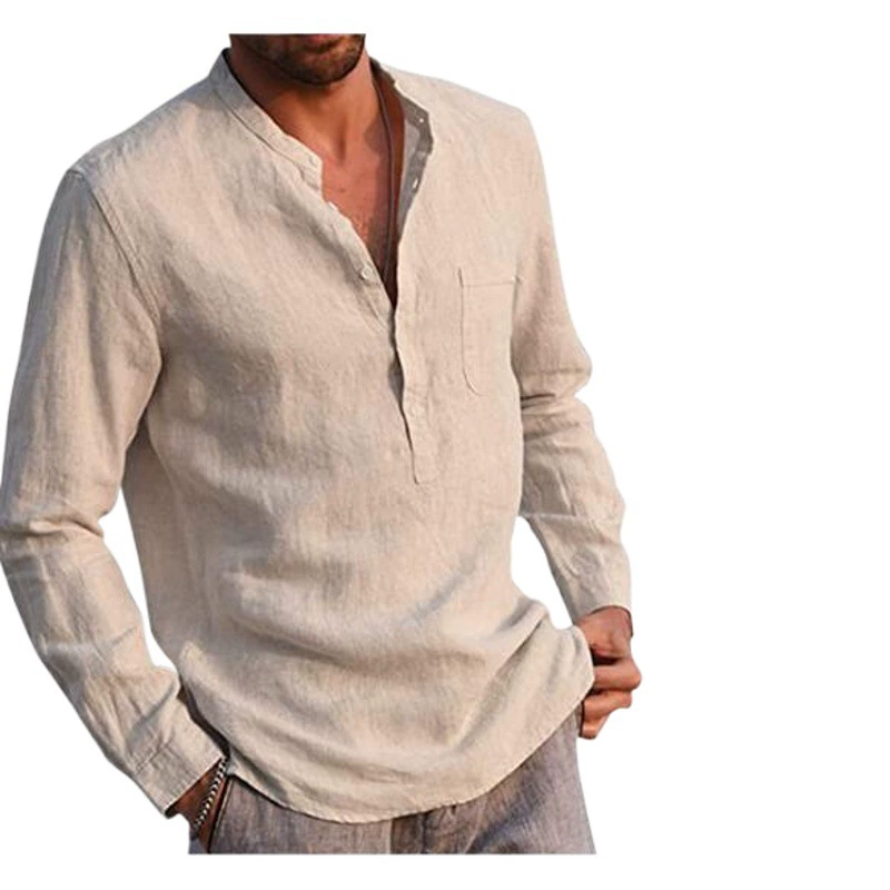 2024 Трансграничные взрывные модели Горячая распродажа мужчин с длинными рукавами V-образным вырезом повседневная пляжная льняная рубашка мужская одежда