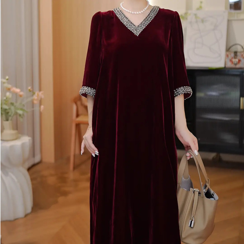 Autumn Slimming Look V-Neck Beaded Silk Velvet Dress