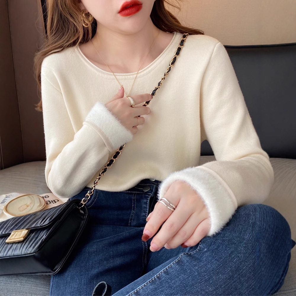 加绒加厚低领打底针织衫女秋冬季内搭一体水貂绒保暖卷边贴身毛衣