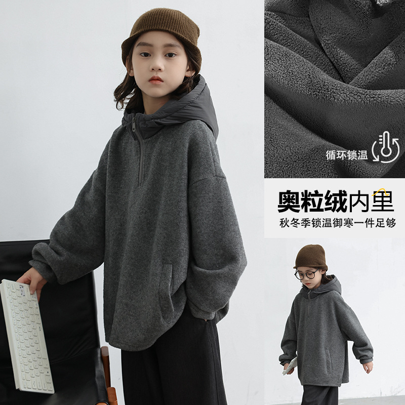 Boys' Fleece Sweatshirt, Winter 2025 New Model, Thickened Long-Sleeve Hooded Top for Older Children, Warm and Trendy for Boys