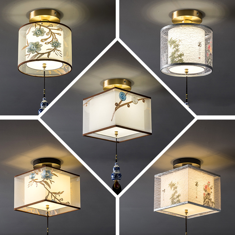 新中式過道燈小吸頂燈正方形臥室燈入戶玄關燈新款陽檯燈頂燈銅燈